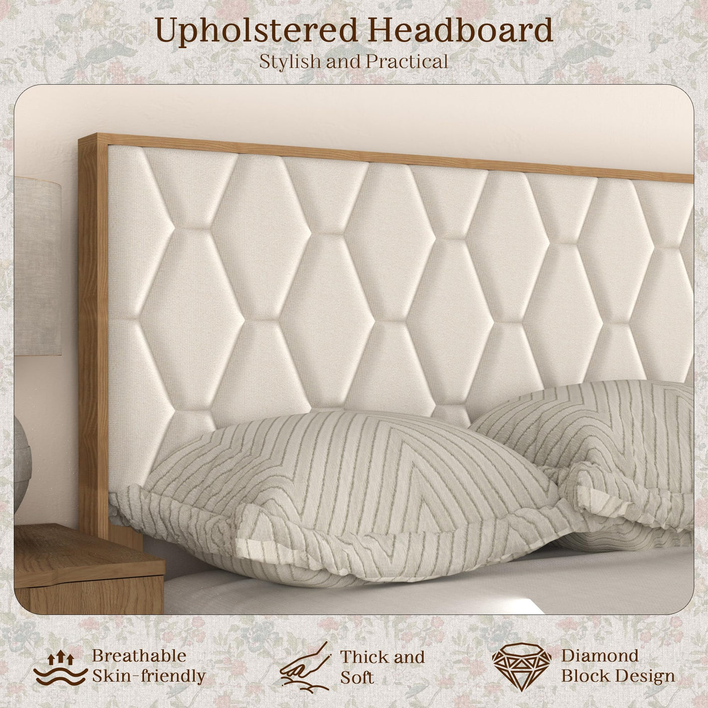 Yechen Diamond Headboard Platform Bed Frame | Boho Wood-Look, No Box Spring Needed
