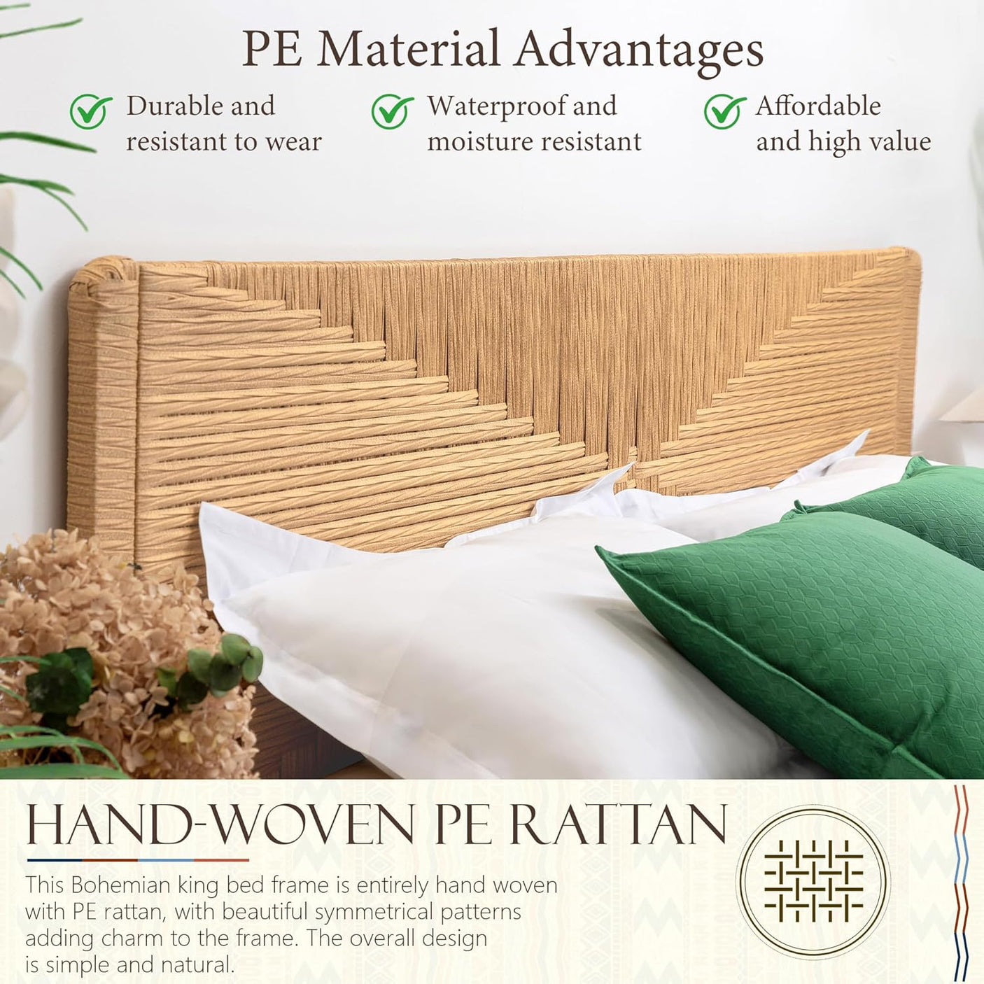 Yechen Home Hand-Woven Rattan Bed with Vintage Headboard