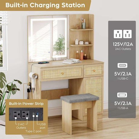 Rattan Vanity Desk with LED Lights Mirror and Chair