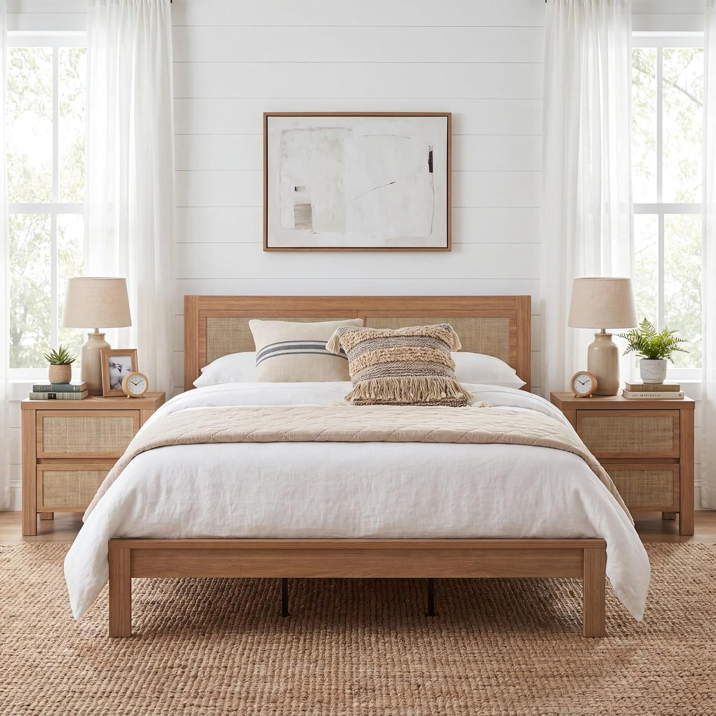 Rattan Boho Bed Frame with Headboard | Full Queen King | Natural Walnut Platform Bed