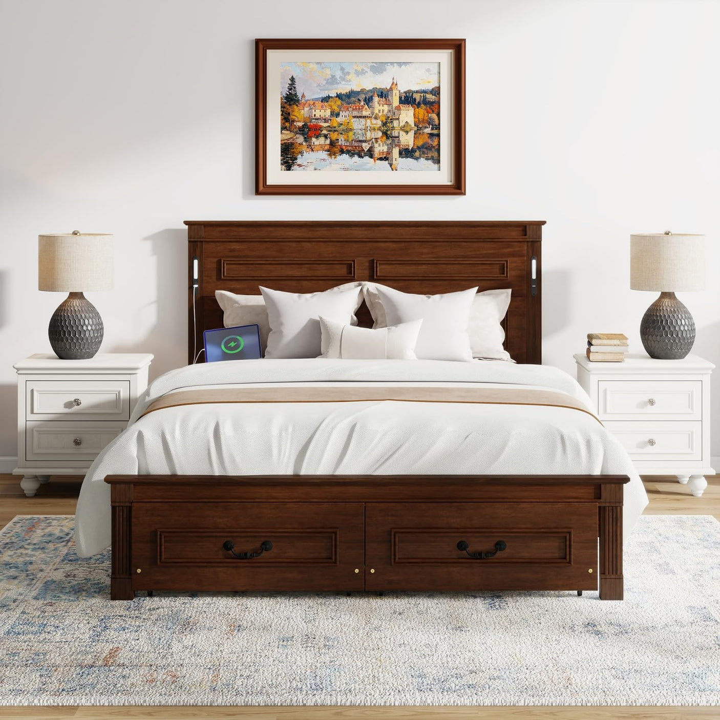 Farmhouse Bed Frame with Storage Drawers & LED Lights | Solid Pine Wood