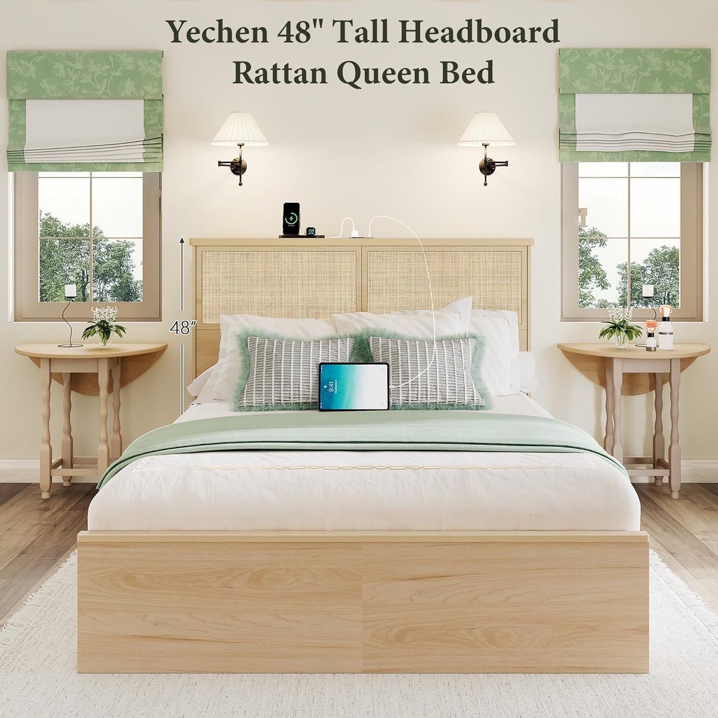Boho Rattan Queen Beds with Charging Station Headboard