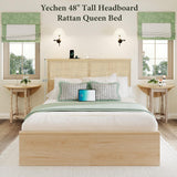 Boho Rattan Queen Beds with Charging Station Headboard