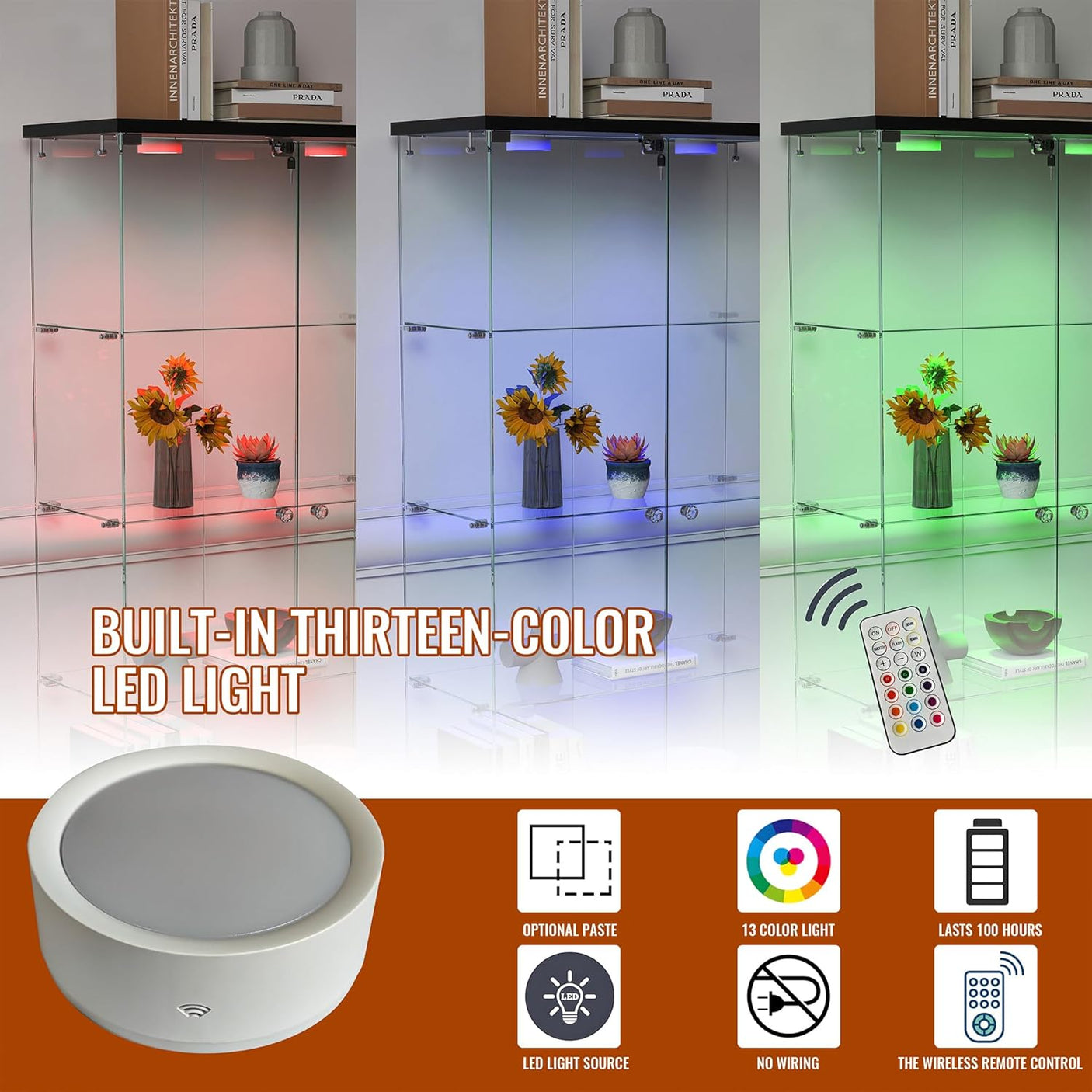 YECHEN Glass Display Cabinet with LED Lights | Double-Door Curio Cabinet with 2 Drawers