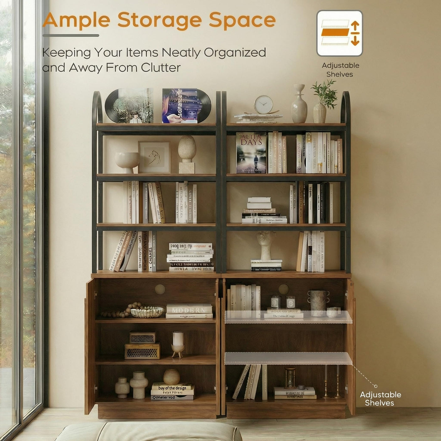 YECHEN Modern 71" Arched Bookcase with Reeded Design Doors | 7-Tier Tall Bookshelf with Storage Cabinet & Adjustable Shelves