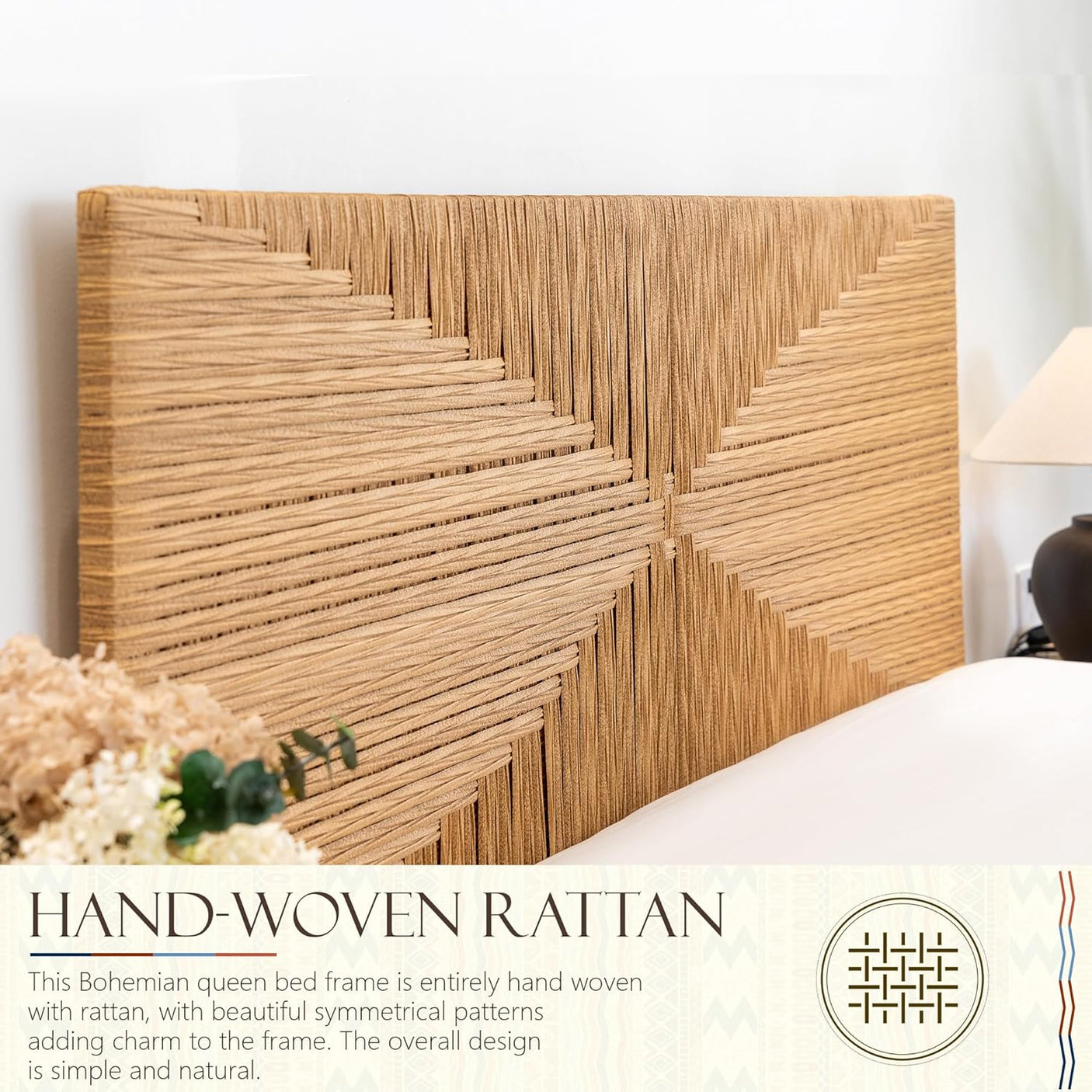 Bohemian Rattan Queen Bed Frame with Headboard and Footboard