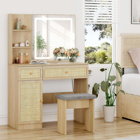 Rattan Vanity Desk with LED Lights Mirror and Chair