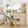 Rattan Vanity Desk with LED Lights Mirror and Chair