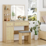 Rattan Vanity Desk with LED Lights Mirror and Chair