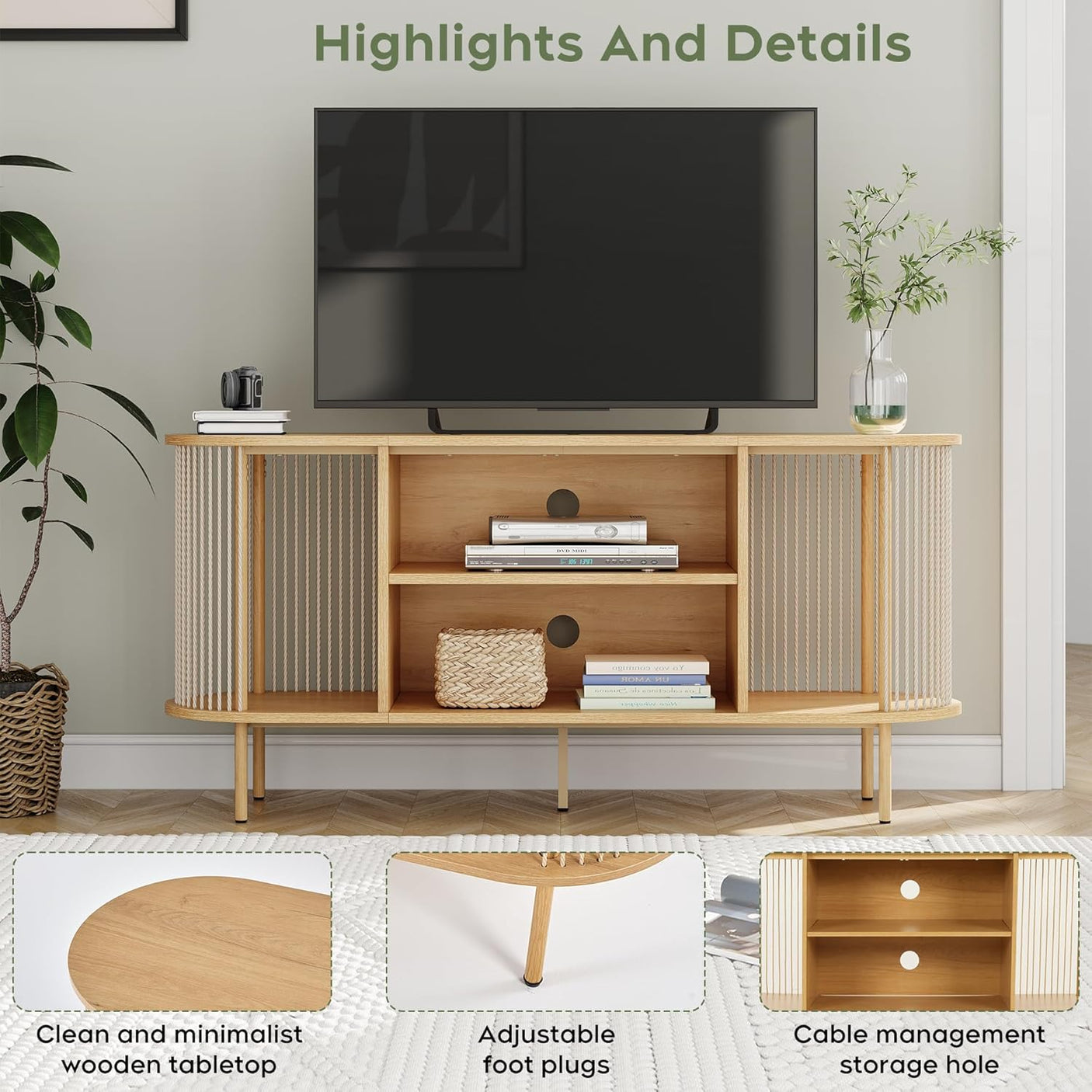 Yechen Boho TV Stand for 55-60" TV – Natural Rope Entertainment Center with Storage