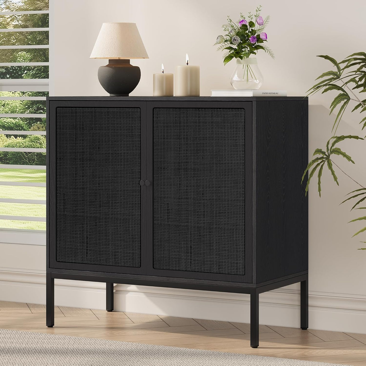 Sideboard Cabinet with Natural Rattan Decorated Doors
