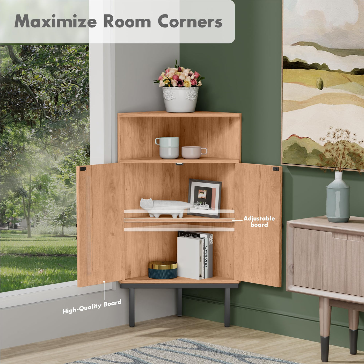 Corner Rattan Storage Cabinet with Adjustable Shelf - Boho Triangle Design