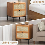 Yechen Rattan Nightstands Set of 2, 2-Drawer Boho Bedside Tables with Metal Legs