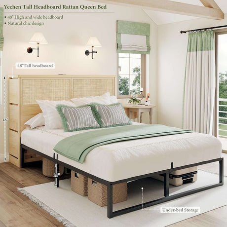 Boho Rattan Queen Beds Frame with Charging Station Headboard