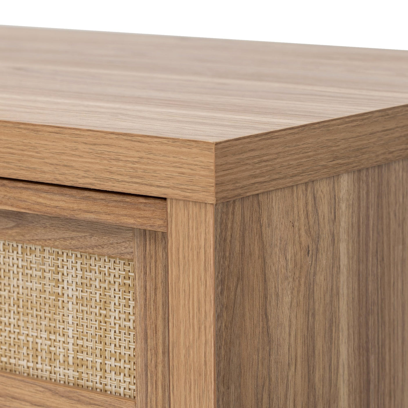 Rattan Coffee Bar Cabinet with Mini Fridge Space - Boho Sideboard with Wine Storage