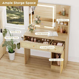 Rattan Vanity Desk with LED Lights Mirror and Chair