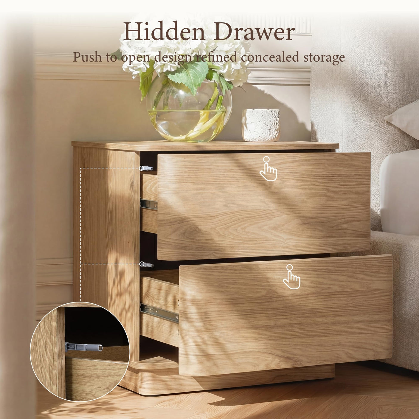 Yechen Natural Oak Nightstand — 2-Drawer Bedside Table with Hidden Storage