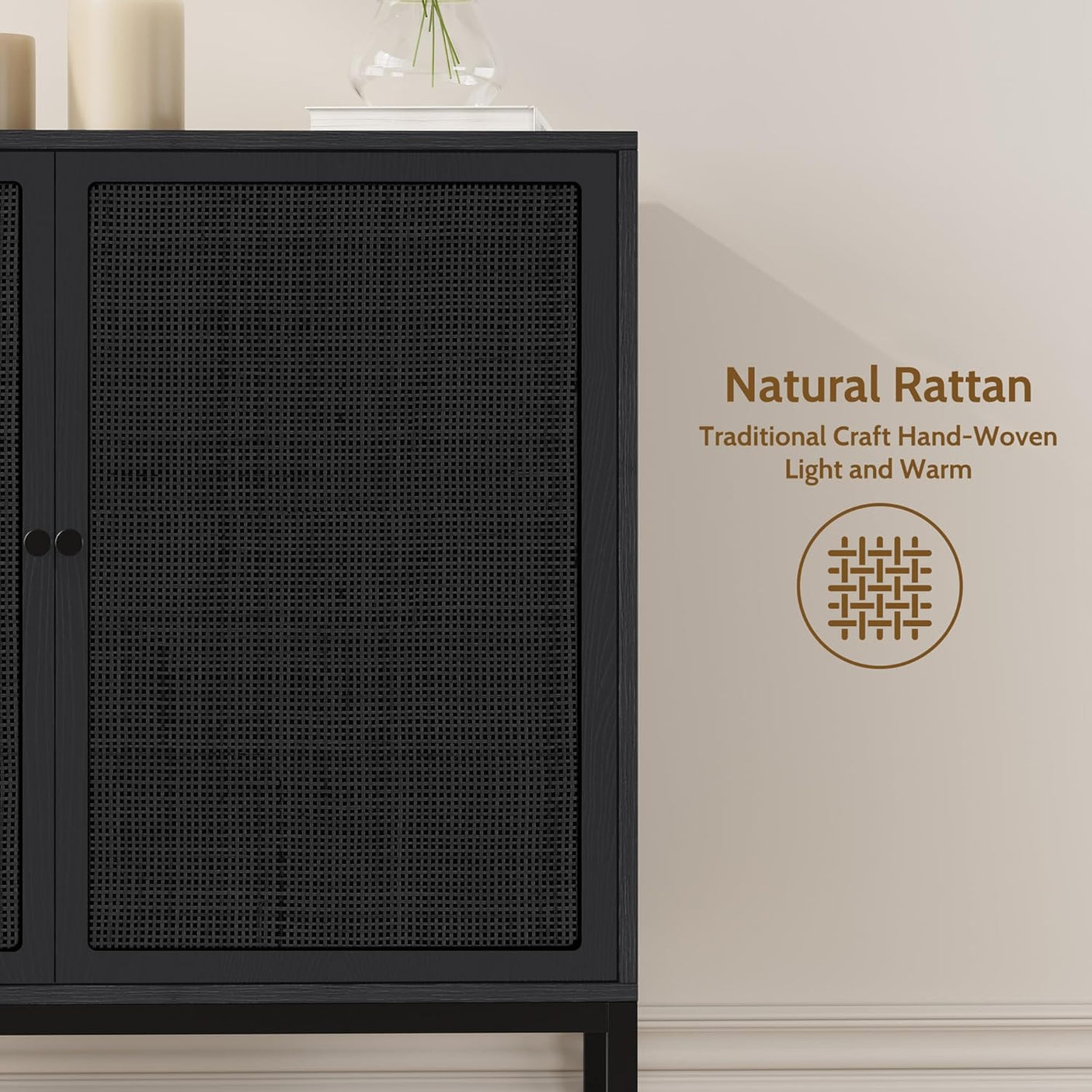 Sideboard Cabinet with Natural Rattan Decorated Doors