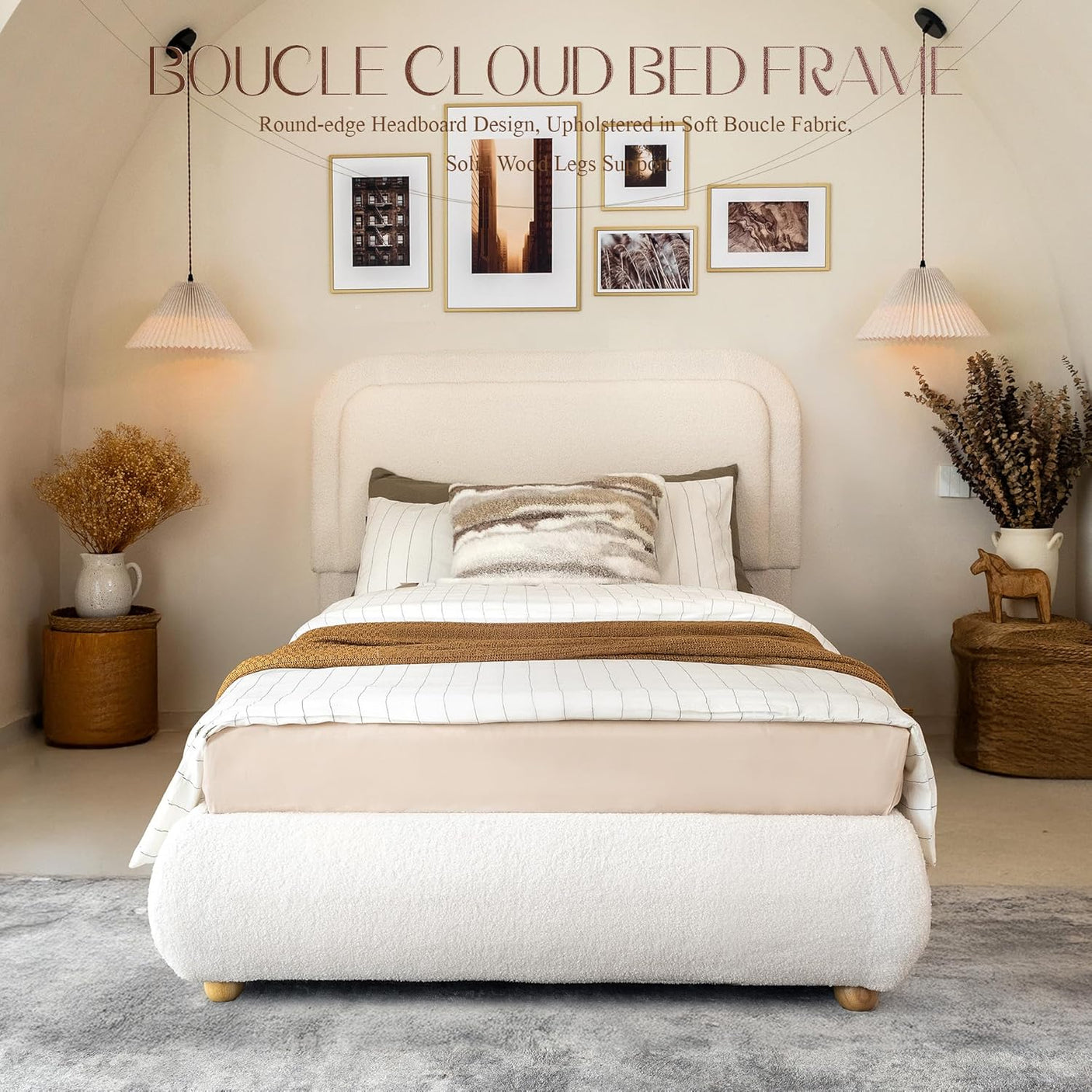 Boucle Fabric Cloud Bed Frame with Round Corner Headboard