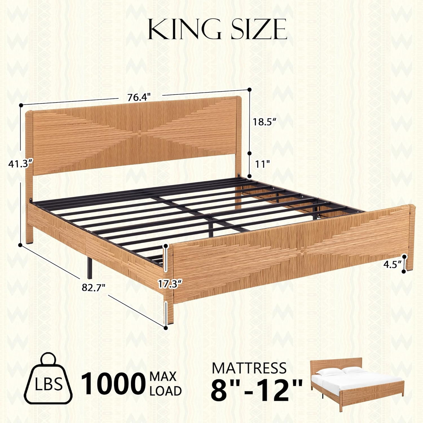 Yechen Home Hand-Woven Rattan Bed with Vintage Headboard