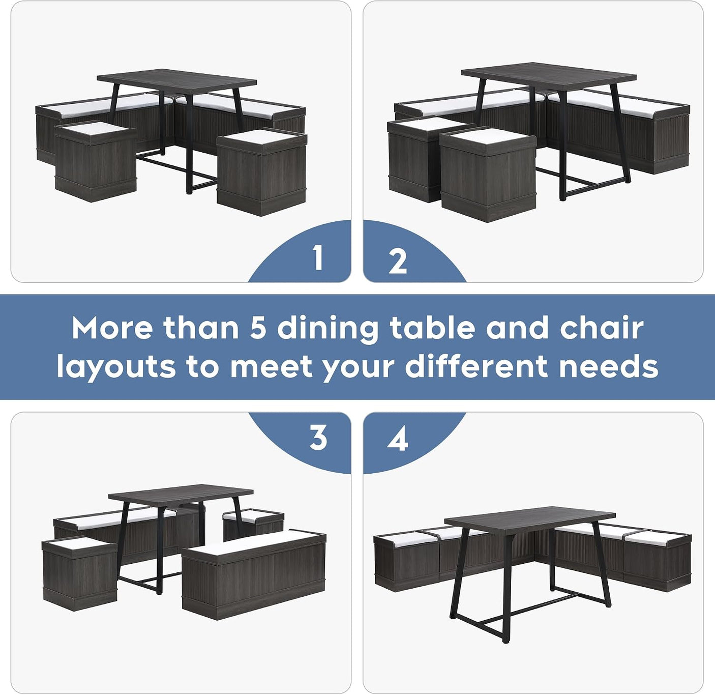 47 Inch Corner Dining Table Set with Storage Stool and Storage Bench