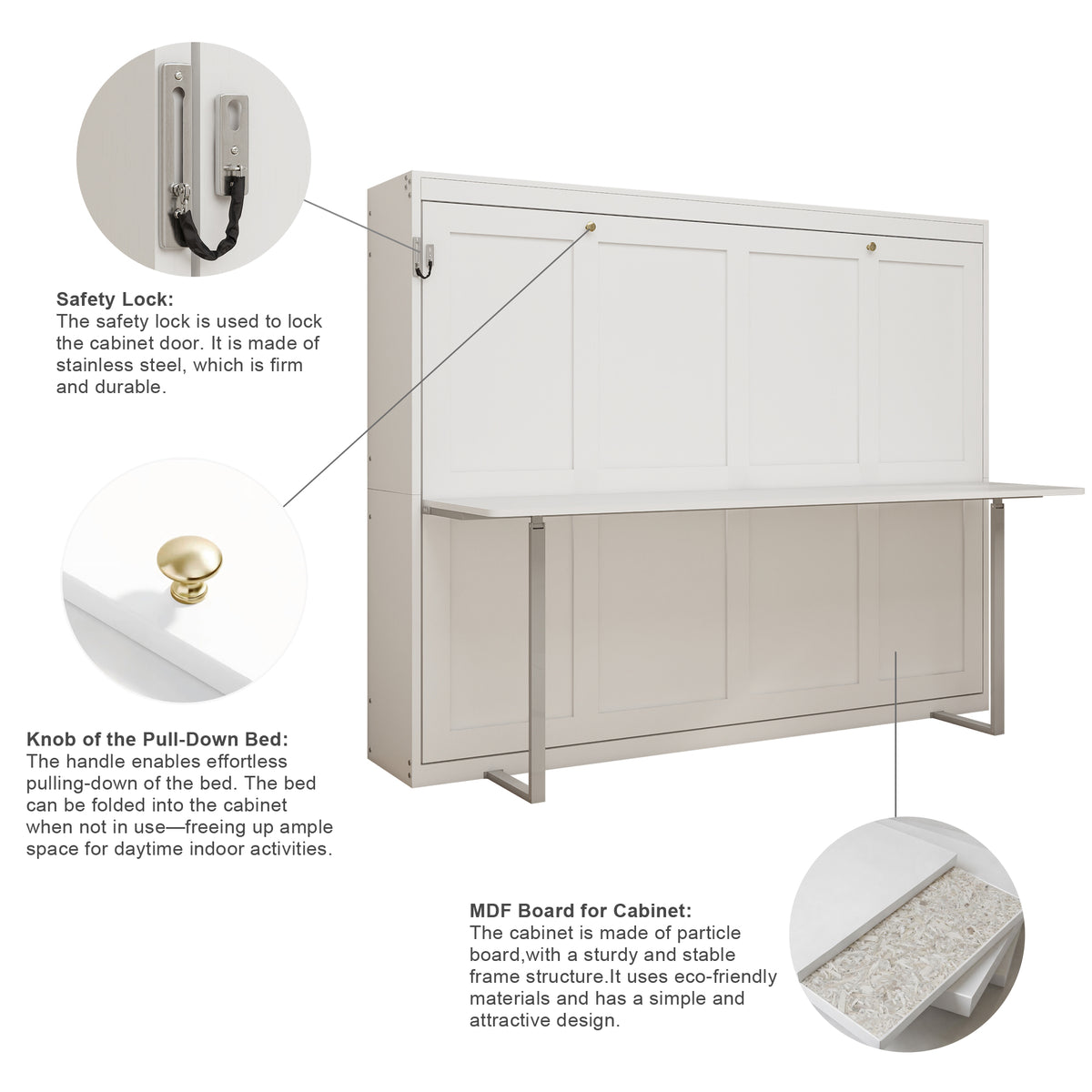 Queen Horizontal Murphy Bed with Desk – White