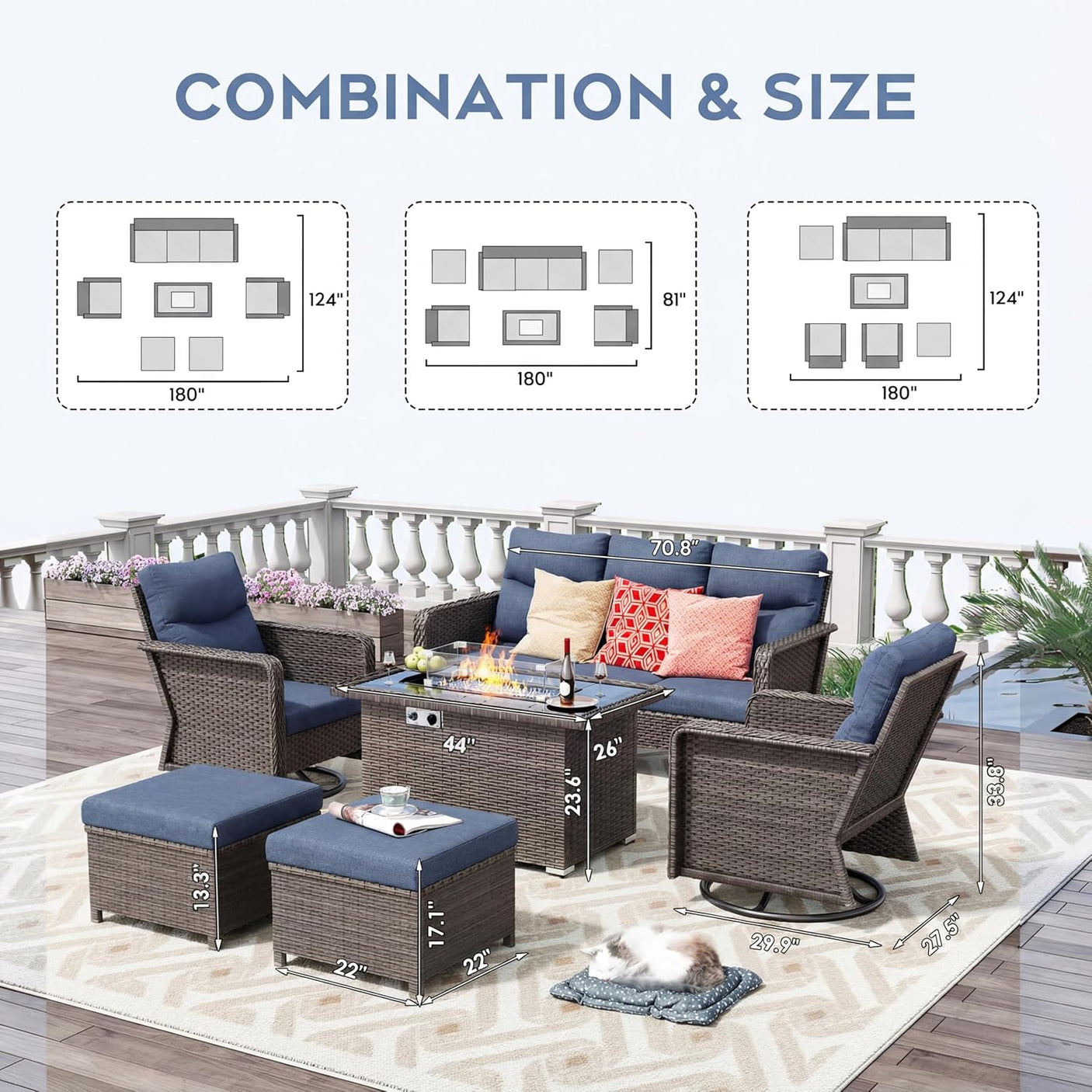 7-Piece Outdoor Patio Furniture Set with 44" Gas Fire Pit Table, 360° Swivel Chairs & Fade-Resistant Cushions, Blue Wicker Conversation Set