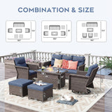 7-Piece Outdoor Patio Furniture Set with 44" Gas Fire Pit Table, 360° Swivel Chairs & Fade-Resistant Cushions, Blue Wicker Conversation Set