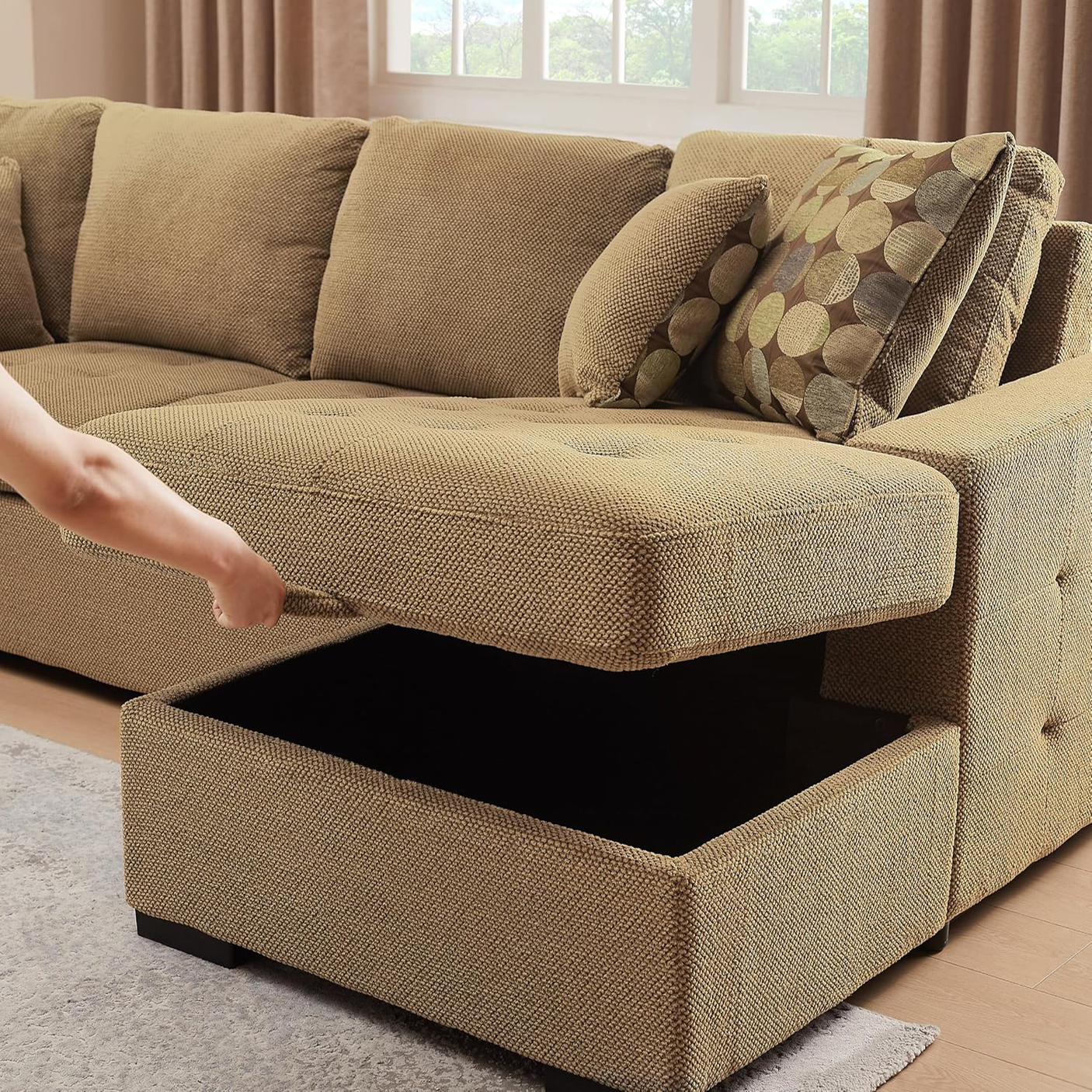 Yechen 123" U-Shaped Sectional Sleeper Sofa with Pull-Out Bed & Storage Chaise, 6-Seater