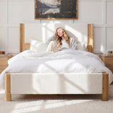 Yechen Wingback Bed Frame | Boucle & Solid Pine | Queen | No Box Spring | Off White