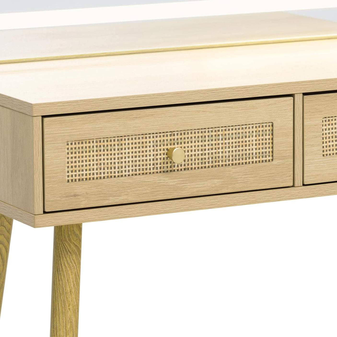 Rattan Makeup Vanity Set with Lighted Mirror & Stool | 43.3" | 5 Drawers | Charging Station | Natural Wood or Mint