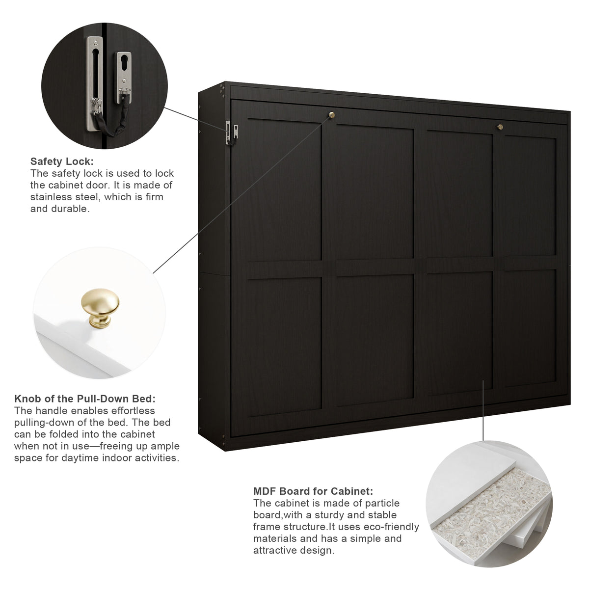 Queen Horizontal Murphy Bed with Folding Cabinet – Black