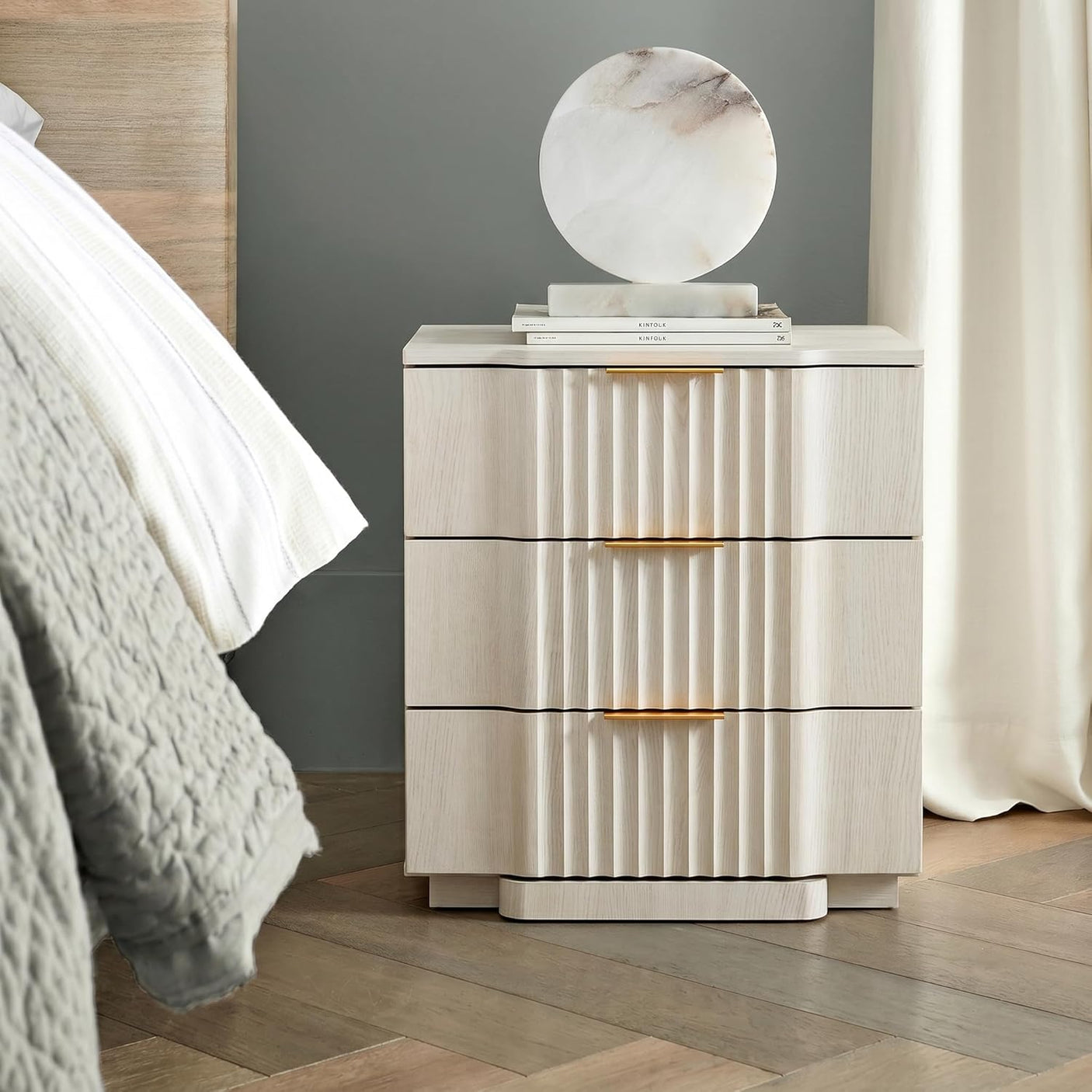 Fluted Nightstand with 20W Fast Charging, 3-Drawer Wood Bedside Table, Curved Profile Base, White Oak