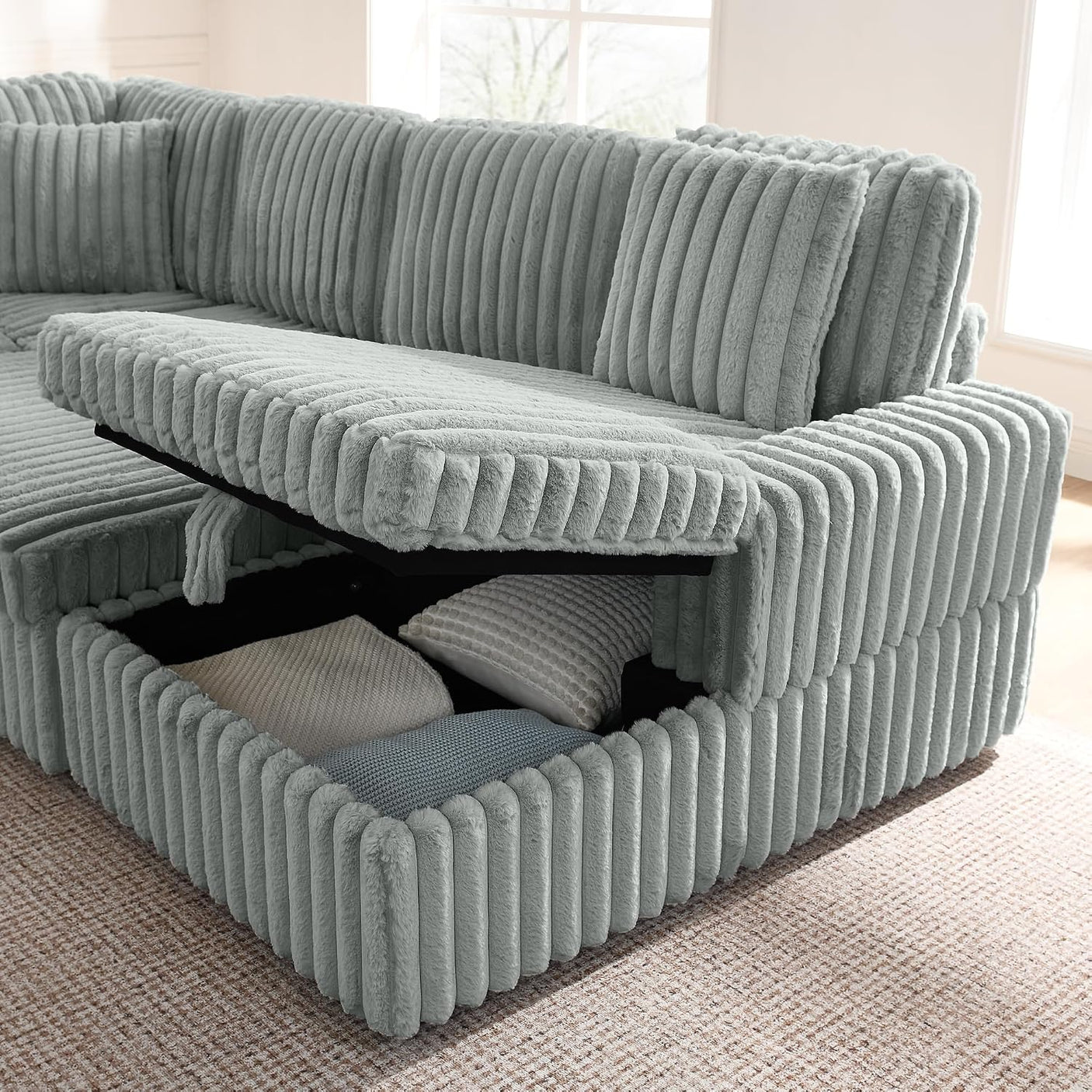 114" U-Shaped Sectional Sofa with Pull-Out Bed, Storage Chaise & USB Ports | Plush Corduroy, Seats 7