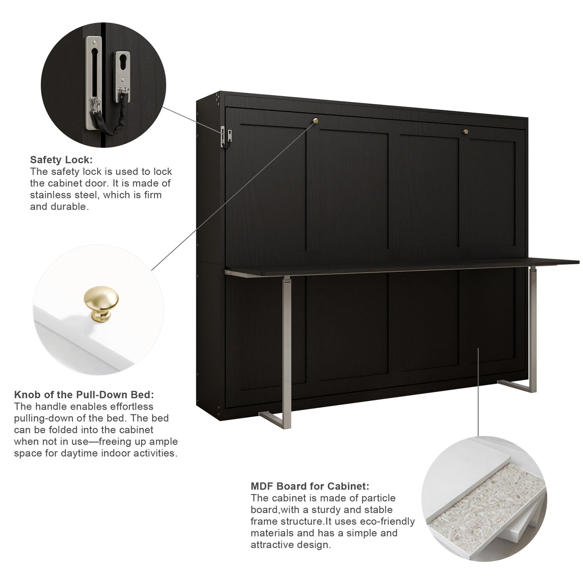 Queen Horizontal Murphy Bed with Desk – Black