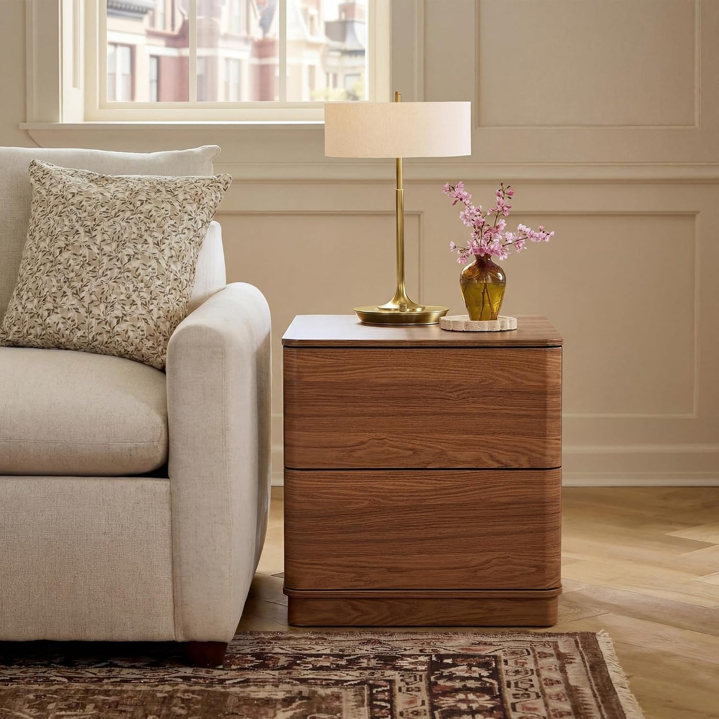 Curved Nightstand with Hidden Drawer | Mid-Century Modern Bedside Table | Walnut