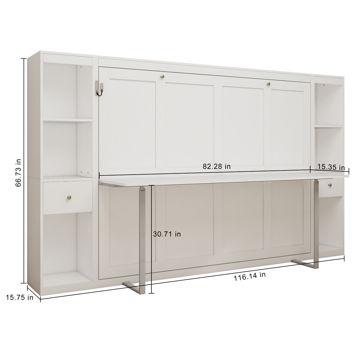 Queen Horizontal Murphy Bed with Desk & Storage – White