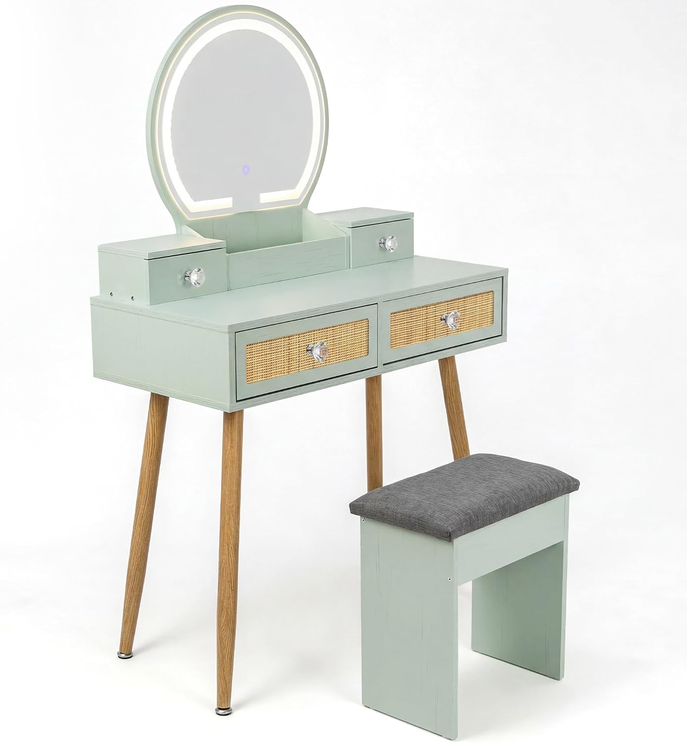 Vanity Desk Set with LED Mirror and Stool, 31" Boho Rattan Makeup Vanity Table, 3-Mode Lighted Mirror, 4 Drawers, Mint, Space-Saving for Bedroom