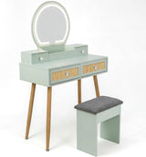 Vanity Desk Set with LED Mirror and Stool, 31" Boho Rattan Makeup Vanity Table, 3-Mode Lighted Mirror, 4 Drawers, Mint, Space-Saving for Bedroom