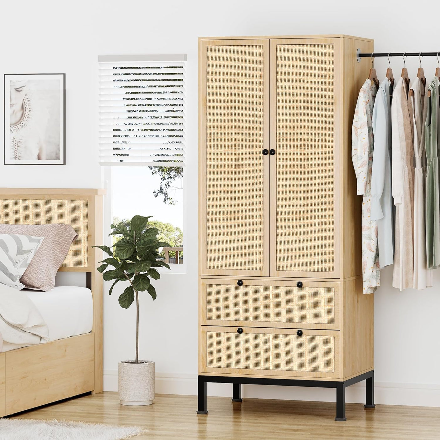 74" Natural Rattan Woven Wardrobe Armoire Closet