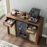Rattan Coffee Bar Cabinet with Mini Fridge Space - Boho Sideboard with Wine Storage