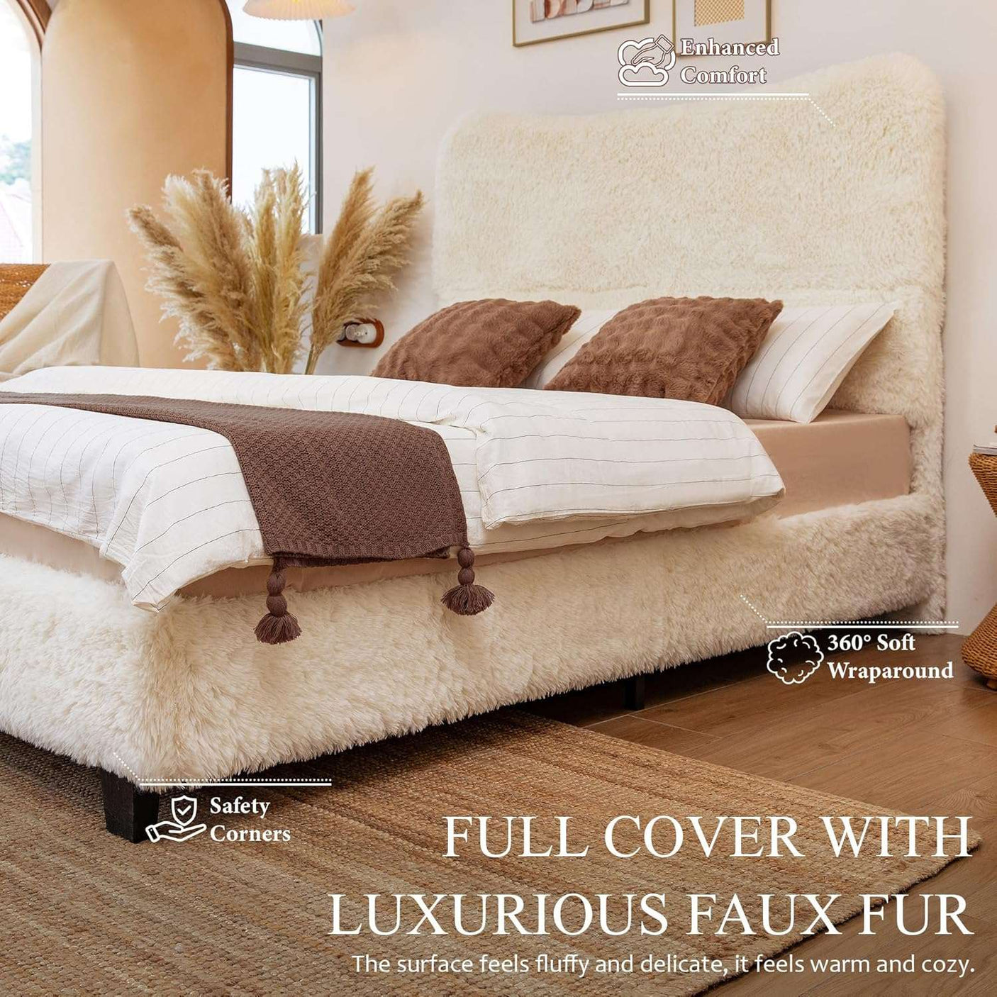 Boho Boucle Cloud Upholstered Platform Bed - Fluffy Soft Bed Frame with Rounded Corners