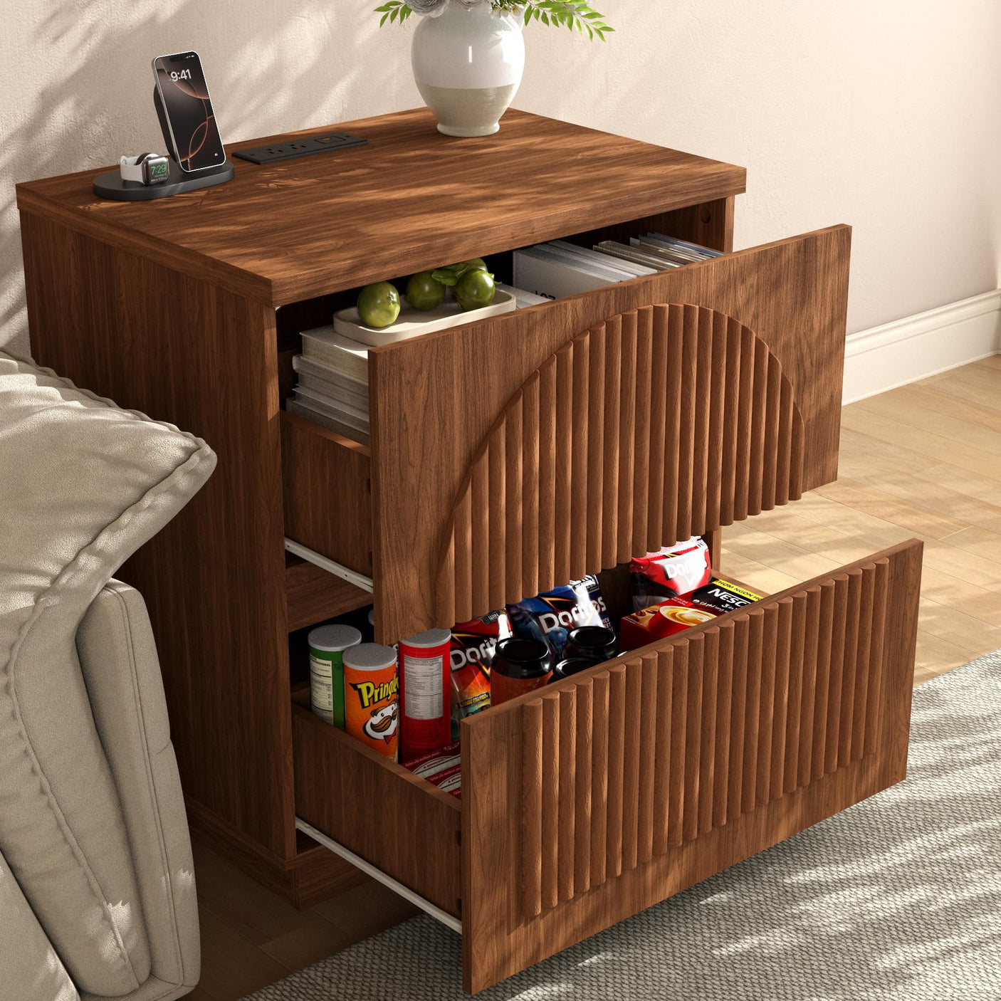 Yechen Modern Fluted Nightstand with Storage, Arched Reeded Night Stand with Charging Station, Bedside Table for Bedroom, Walnut