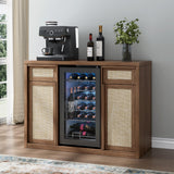 Rattan Coffee Bar Cabinet with Mini Fridge Space - Boho Sideboard with Wine Storage