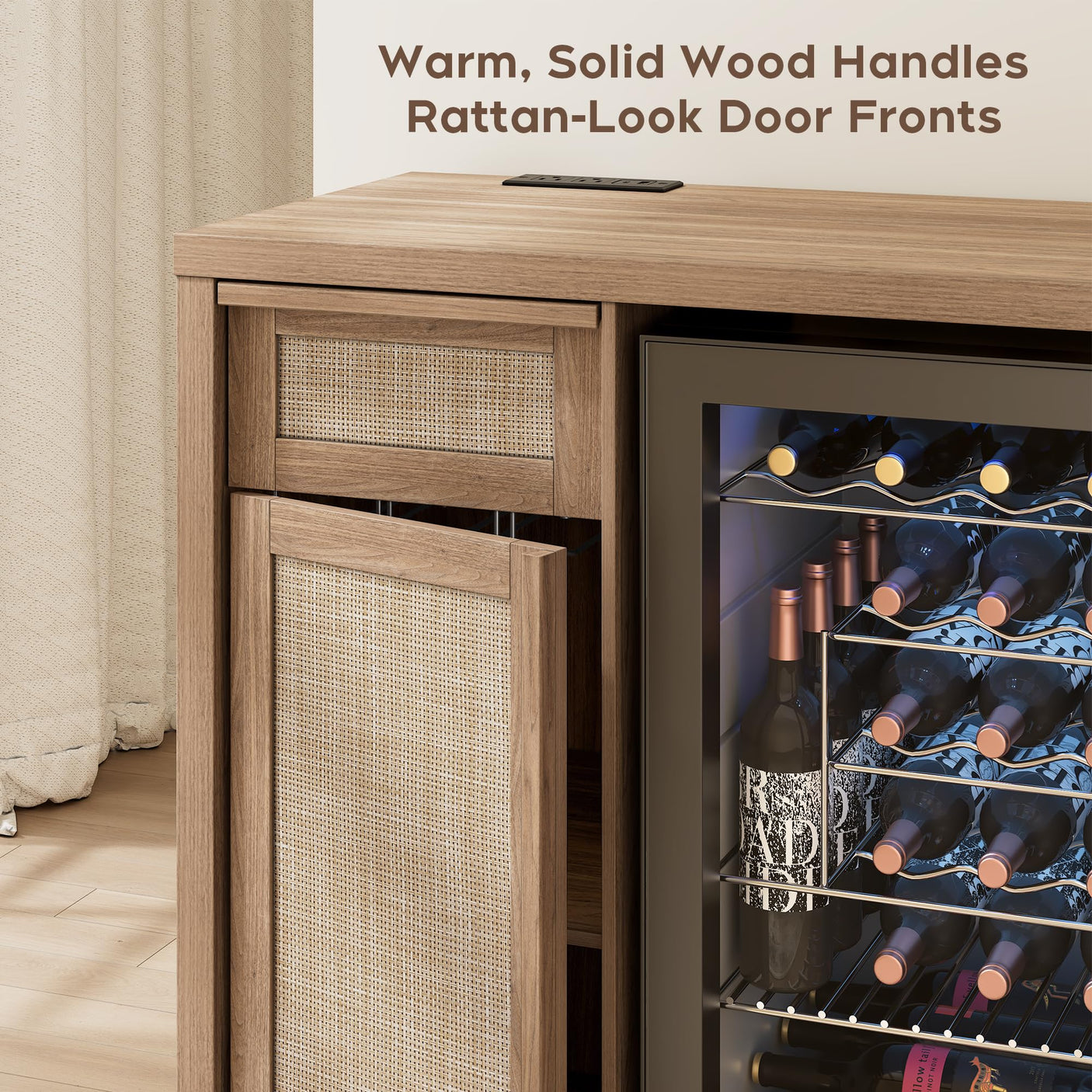 Rattan Coffee Bar Cabinet with Mini Fridge Space - Boho Sideboard with Wine Storage