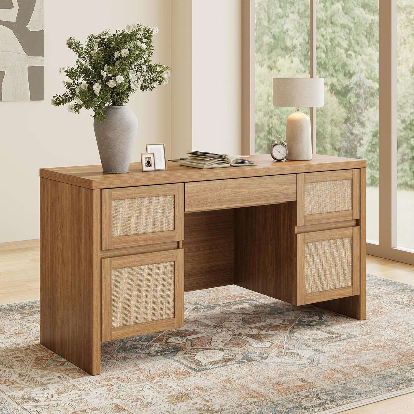 Yechen 57" Modern Rattan Executive Desk with 5 Drawers