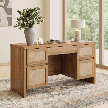 Yechen 57" Modern Rattan Executive Desk with 5 Drawers
