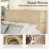 Boho Rattan Queen Beds Frame with Charging Station Headboard
