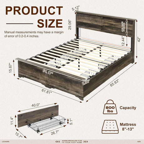 Farmhouse Queen Size Bed Frame with 4 Storage Drawers