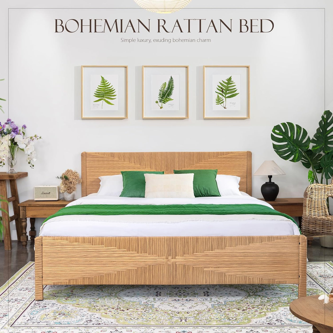 Yechen Home Hand-Woven Rattan Bed with Vintage Headboard